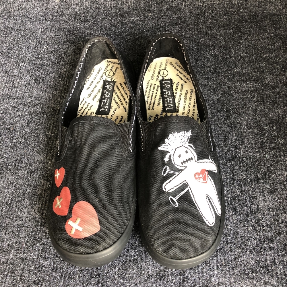 Kids Black Canvas Slip-On Sneakers with Red Heart Accents